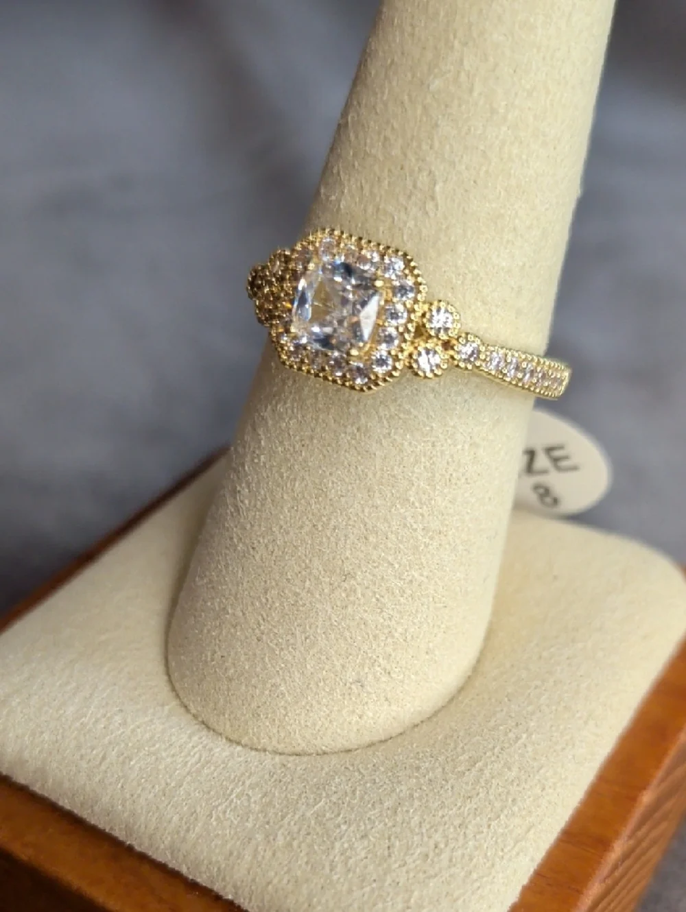 Cushion-Cut Halo Engagement Ring Size 8 - YG Plated